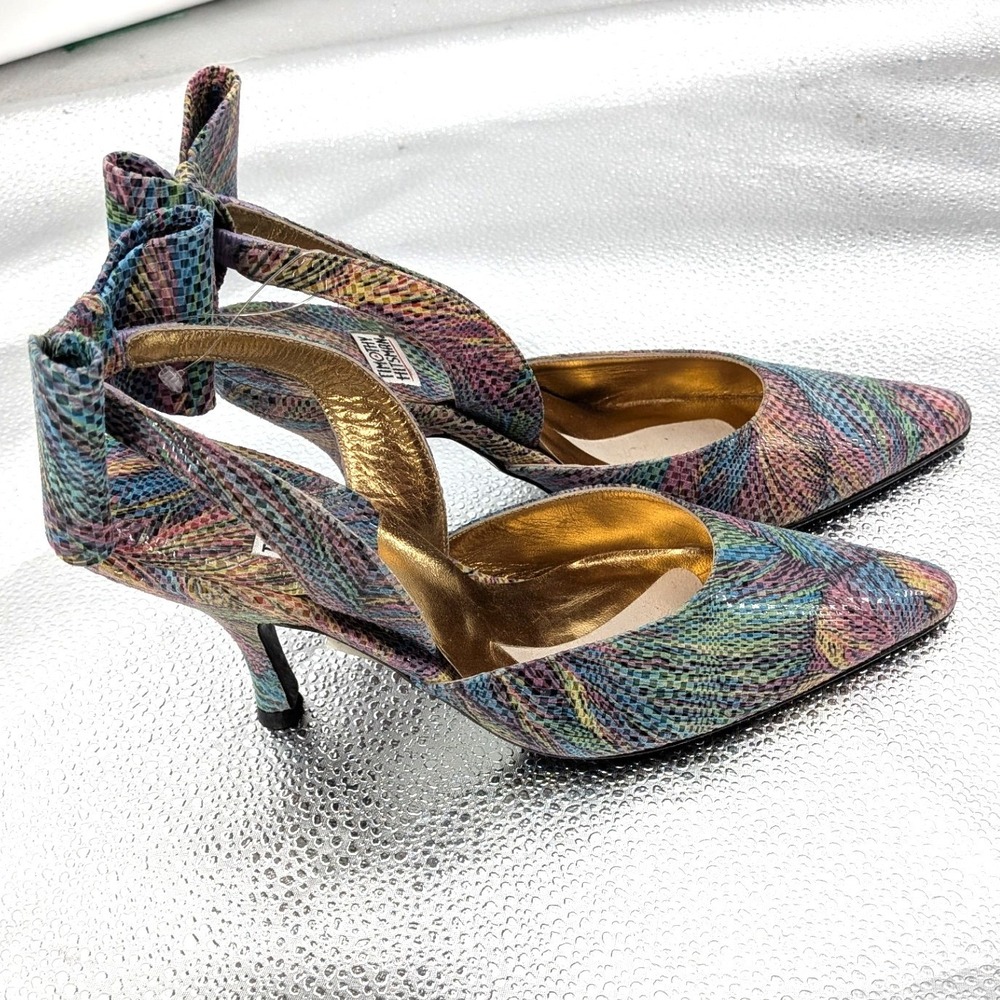 Timothy Hitsman Baja Peacock Kid Leather Pumps Bow Ankle Strap Pointed Toe 6M